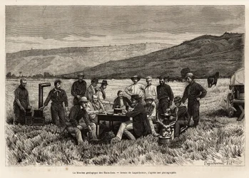 Det geologiske oppdraget til USA er ungt på sletten, etset etter tegningen av Laguillermie, som illustrerer et sett med geografiske oppdrag gjennom USAs nasjonalpark, fra 1870 til 1872, av herrene Hayden, Doane og Langford, publ.