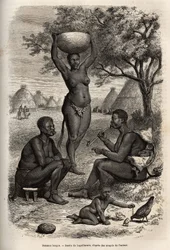 Typer og aktiviteter av kvinnelige Bongoer (Sentral-Sudan), med metallpynt, bjeller og stifter som de satte på ørene og leppene, gravert etter tegningen av Laguillermie, som illustrerer reisen til hjertet av Afrika i 1868-1871, av Dr. Geor