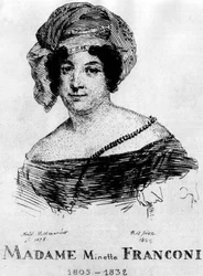 Circus: Eau forte av Frédéric Hillemacher, portrett av Mrs. Minette Franconi (1805-1832) - i "The Franconi Circus" ".