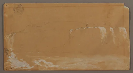 Tegning, American Falls, Goat Island og deler av Horseshoe Falls, sett fra den kanadiske bredden av Niagara-elven, muligens 1858