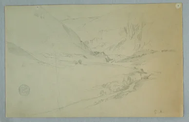 Tegning, Andinsk fjelldal med svingete bekk, Colombia eller Ecuador, 1857