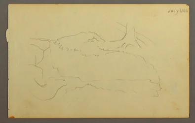 Tegning, trerot, steinblokker, 1844