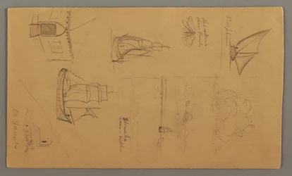 Tegning, båtstudier, skystudie, to bygninger, muligens 1868