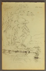 Tegning, Gutt som kneler ved siden av et tre, 1844