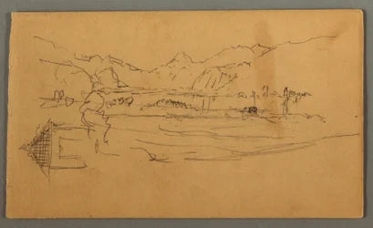 Tegning, Bred dal, skur, St. Gilgen, Østerrike, muligens 1868