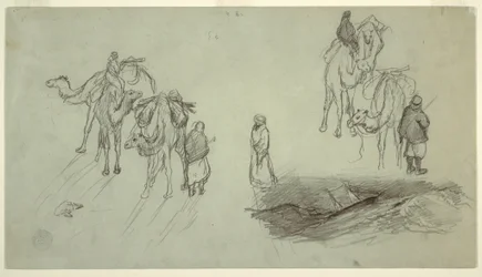 Tegning, Kameler og ryttere; Seilbåt, 1868