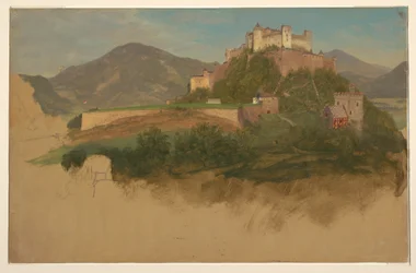 Tegning, slott fra Salzburg, Østerrike, 1868