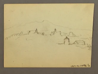 Tegning, kirketårn som grenser til bygninger, muligens 1868–69