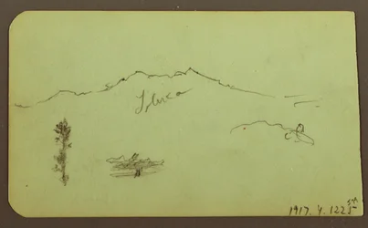 Tegning, kirke; baksiden: Fjelllandskap, «Taluca», 1883