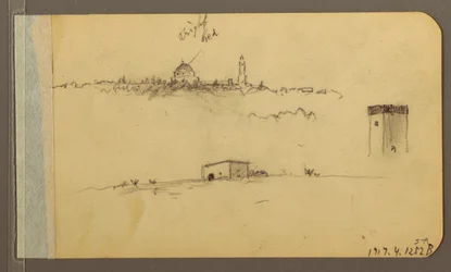 Tegning, kirke, tårn, hus; Verso: Fjellkjede, 1889