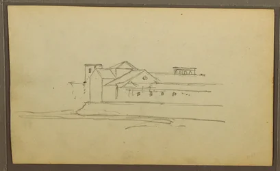 Tegning, kirke, tårn; Verso: Figurer i kano, botaniske skisser, 1857