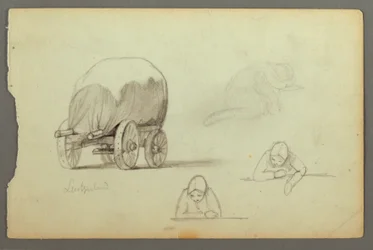 Tegning, overbygd vogn, tre studier av en kvinne, muligens 1868