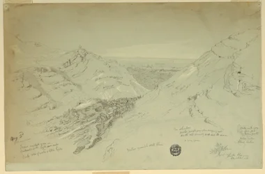 Tegning, fjerntliggende utsikt over Damaskus, Syria, 2. mai 1868