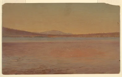 Tegning, fjernutsikt over Katahdin-fjellene og reisende vist fra Lake Millinocket, 1870–80