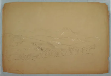 Tegning, fjernutsikt av Katahdin vist fra vest, ca. 1856