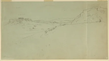 Tegning, fjernutsikt av nordsiden av Akropolis, 1869
