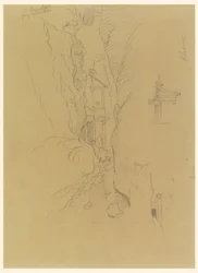 Tegning, El Khasneh fra Sik, Petra, sent i februar 1868