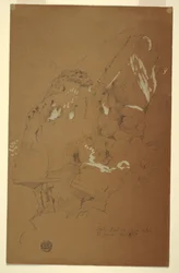Tegning, falt stein fanget på rusk, El Yemen, 2. mars 1868