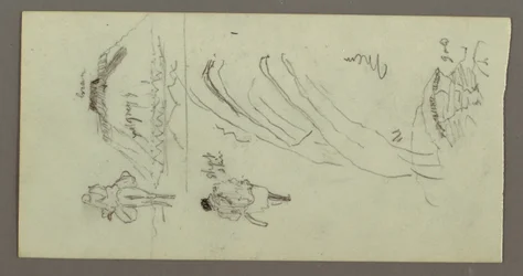 Tegning, figur som rir på kamel, figur som alker, åssiden og bakketopp, muligens 1868