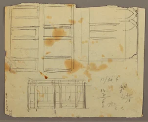 Tegning, figurskisser; Verso: Bokhylle, 1853