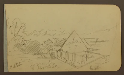 Tegning, Hage, Hus, Cuautla; Verso: Church, Barn, Cuautla, februar 1885