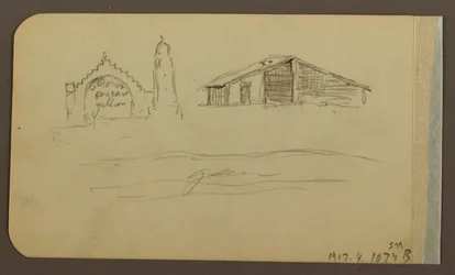 Tegning, Hage, Hus, Cuautla; Verso: Church, Barn, Cuautla, februar 1885