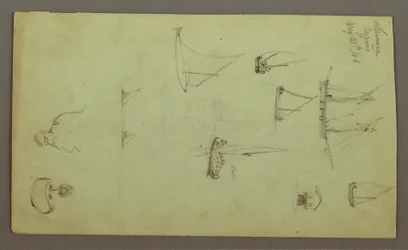 Tegning, Mannshode, Røykende mann, Seilbåtstudier, Hus, 27. mai 1868