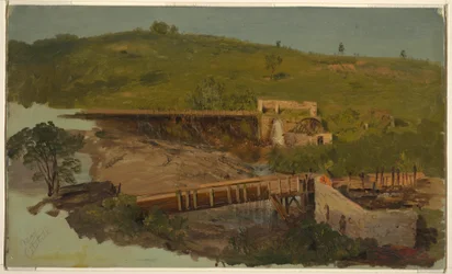 Tegning, Ås med viadukter og ruiner av møller, nær Catskill, New York, ca. 1865