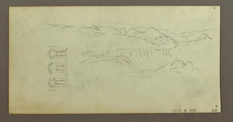 Tegning, hest, figur sett bakfra, trær, muligens 1868