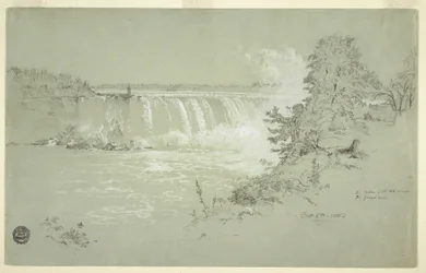 Tegning, Horseshoe Falls og Goat Island fra Canadian Bank, 6. oktober 1856
