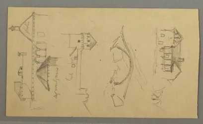 Tegning, Hus, Bro, Slott, Hustak, August 1868