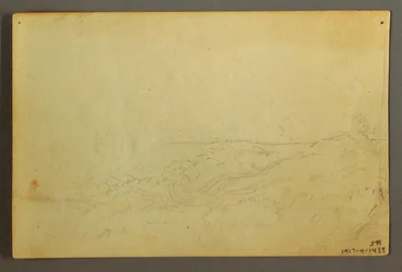Tegning, Hus i skogen ved en bekk, april 1845