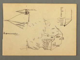 Tegning, hus over klippe, tårn, muligens 1868