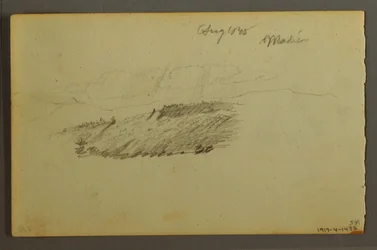 Tegning, hus, seilbåt, plante, september 1844