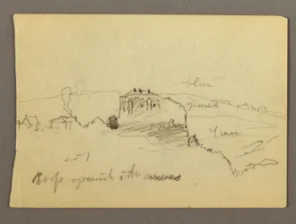 Tegning, Hus på åstopp, muligens 1868–69