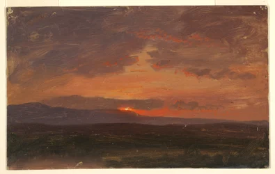 Tegning, Hudson Valley, New York med solnedgang bak Catskill-fjellene, 1855–65
