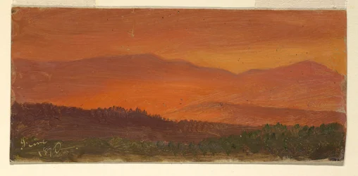 Tegning, Hudson Valley og fjerne fjell ved solnedgang, juni 1870