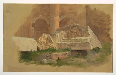 Tegning, interiør av Bacchus-tempelet, Baalbek, mai 1868