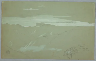 Tegning, Jamaicas kyst og himmel sett fra nær kaptein Kent, Bellevue, Jamaica, juli 1865