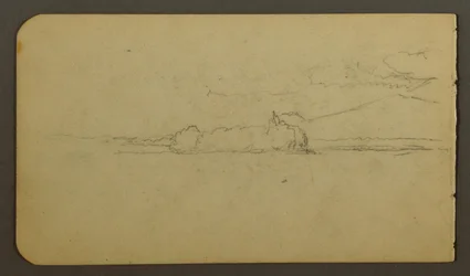 Tegning, innsjø med utsikt mot fjellet Katahdin, 1878