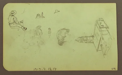Tegning, landskap; Verso: Figurer, kirke, 1883