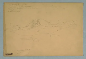 Tegning, fjelltopp, muligens Chimborazo, som reiser seg over tre påfølgende fjellkjeder, Ecuador, 1857