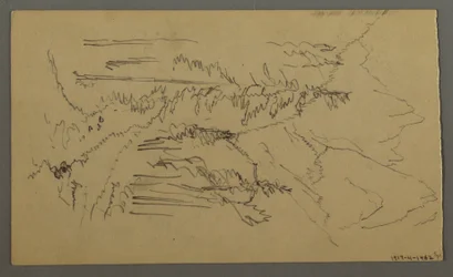 Tegning, Fjelltopper, To figurer i en robåt, august 1868