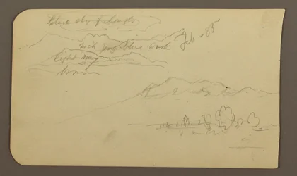 Tegning, fjellkjeder, Cuautla, kirke; baksiden: Hukende hest, landskapsnotater, februar 1885