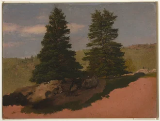 Tegning, New England-landskap (to furutrær), 1850