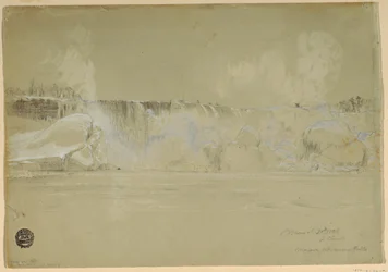 Tegning, Niagarafallene i snø, fra nordvest, 20. mars 1856