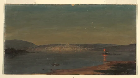 Tegning, nattbilde av en havn, sannsynligvis 1868–69