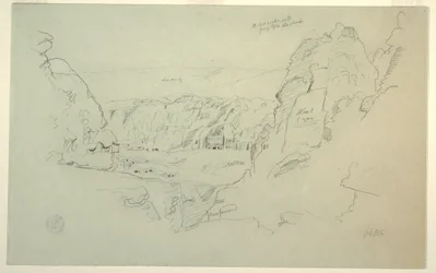 Tegning, Petra, Jordan fra vest, som viser palasset og de korintiske gravene, 26. februar 1868