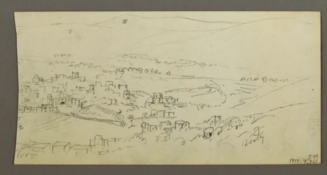 Tegning, basseng og bygninger, muligens 1868