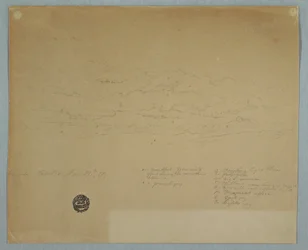 Tegning, Regn som faller fra en overskyet himmel over fjellrygger, Hacienda Chillo, Ecuador, 27. juli 1857